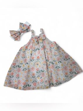 Floral Rainbow Print Baby Girl Dress with Bow Headband - Pink & Green